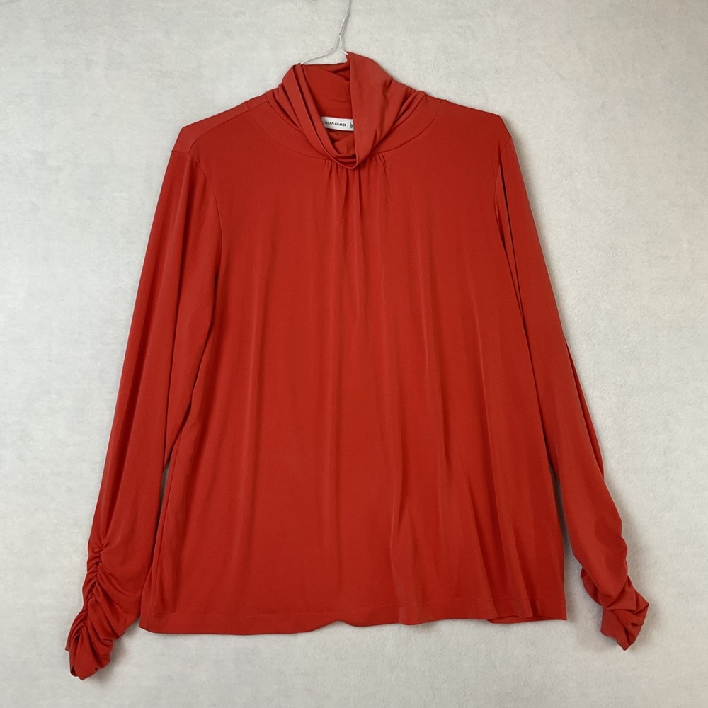 Susan Graver Liquid‎ Knit Mock Neck Top Rust Ruched Cuff XL Long Sleeve Solid